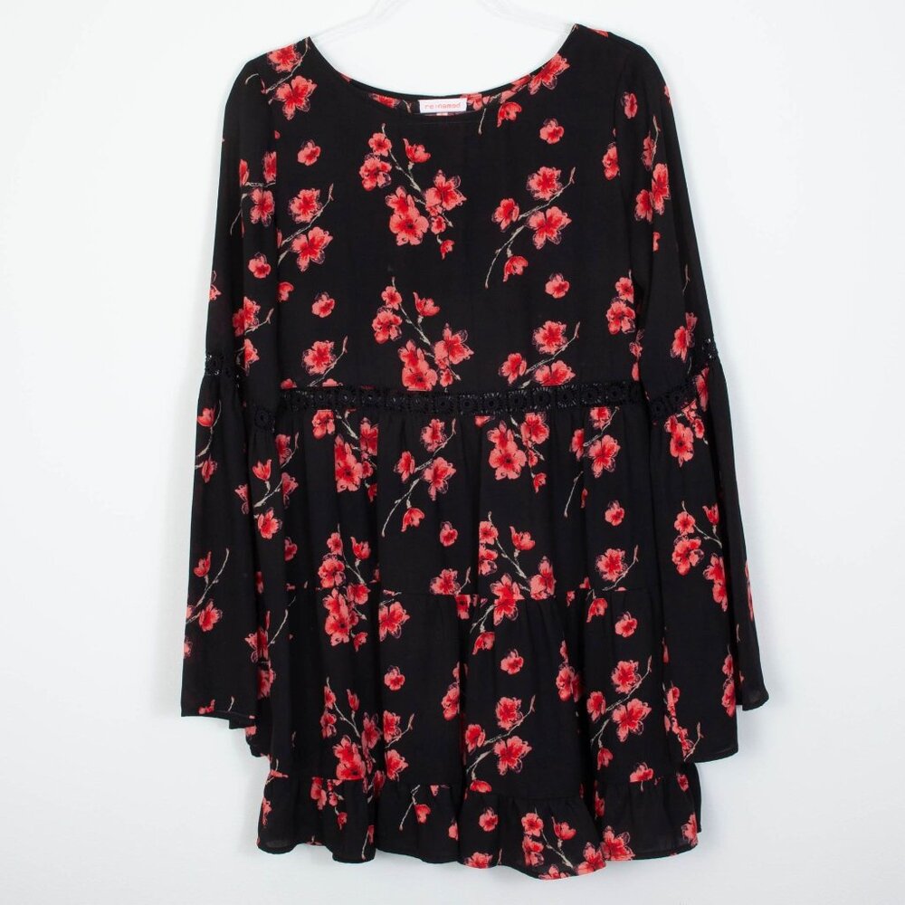 Renamed Womens Floral Crochet Tiered Dress Size M‎ Black Long Sleeve Whimsigoth